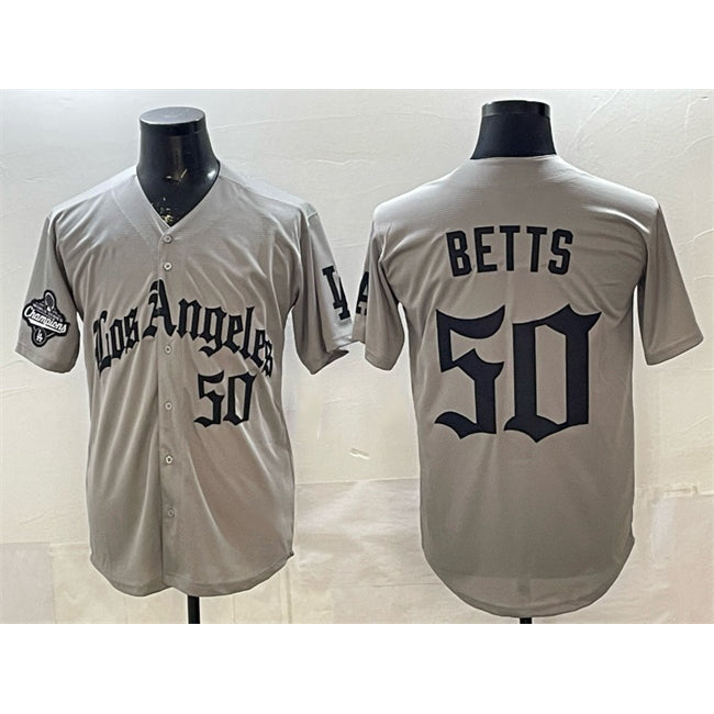 Los Angeles Dodgers #50 Mookie Betts Grey FEDASGOGE LA Gothic Style With 2025 World Series Champions Patch Limited Stitched Jersey