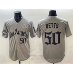 Los Angeles Dodgers #50 Mookie Betts Grey FEDASGOGE LA Gothic Style With 2025 World Series Champions Patch Limited Stitched Jersey