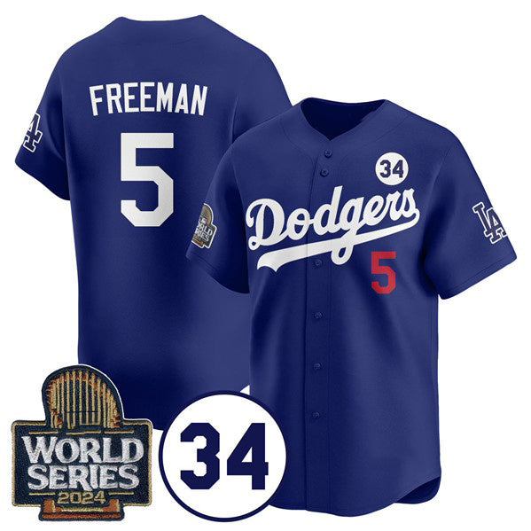Los Angeles Dodgers #5 Freddie Freeman Royal FEDASGOGE 2024 World Series With No. 34 Patch Cool Base Stitched Jersey