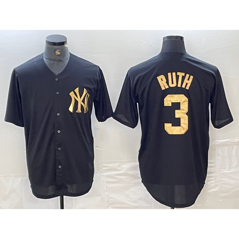 New York Yankees #3 Babe Ruth Black Gold FEDASGOGE Cool Base Stitched Jersey