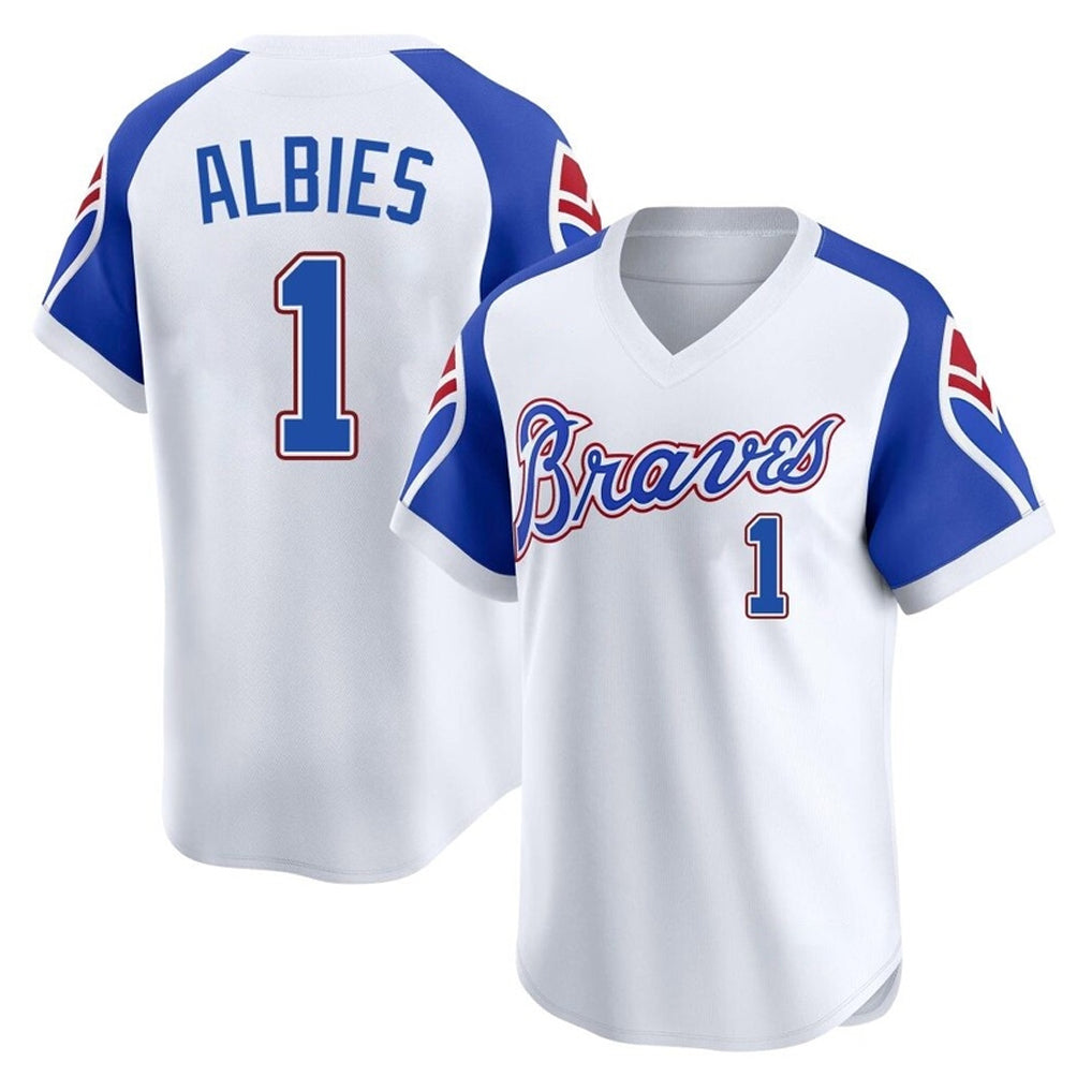 Atlanta Braves #1 Ozzie Albies Player White FEDASGOGE Throwback Cooperstown Collection T-shirt Game Stitched Jerseys