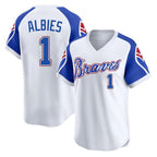 Atlanta Braves #1 Ozzie Albies Player White FEDASGOGE Throwback Cooperstown Collection T-shirt Game Stitched Jerseys