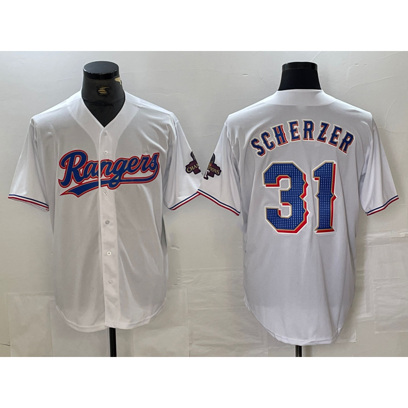 Texas Rangers #31 Max Scherzer White FEDASGOGE 2023 World Series Champions Cool Base Jersey