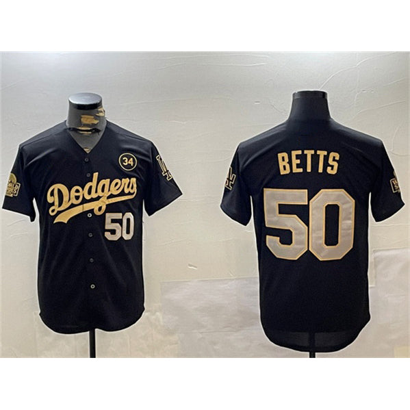 Los Angeles Dodgers #50 Mookie Betts Black Gold FEDASGOGE 2024 World Series With No. 34 Patch Limited Stitched Jersey