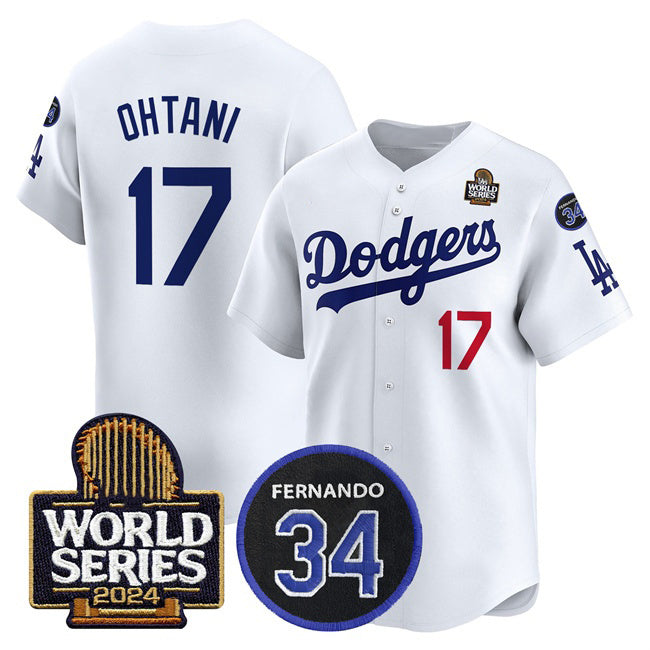 Los Angeles Dodgers #17 Shohei Ohtani White FEDASGOGE 2024 World Series With Fernando Memorial Patch Limited Stitched Jersey 2