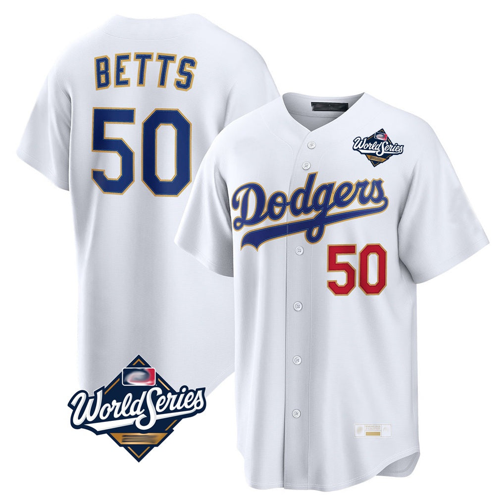 Los Angeles Dodgers #50 Mookie Betts Player Gold White FEDASGOGE World Series Collection Limited Home Stitched Jerseys