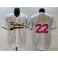 San Diego Padres #22 Juan Soto White FEDASGOGE Pinstripe 2023 City Connect Cool Base Stitched Jersey 2