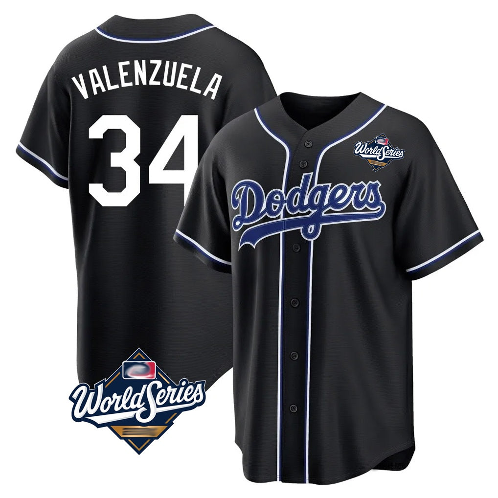 Los Angeles Dodgers #34 Fernando Valenzuela Player Black FEDASGOGE World Series Carbon Limited Home Stitched Jerseys