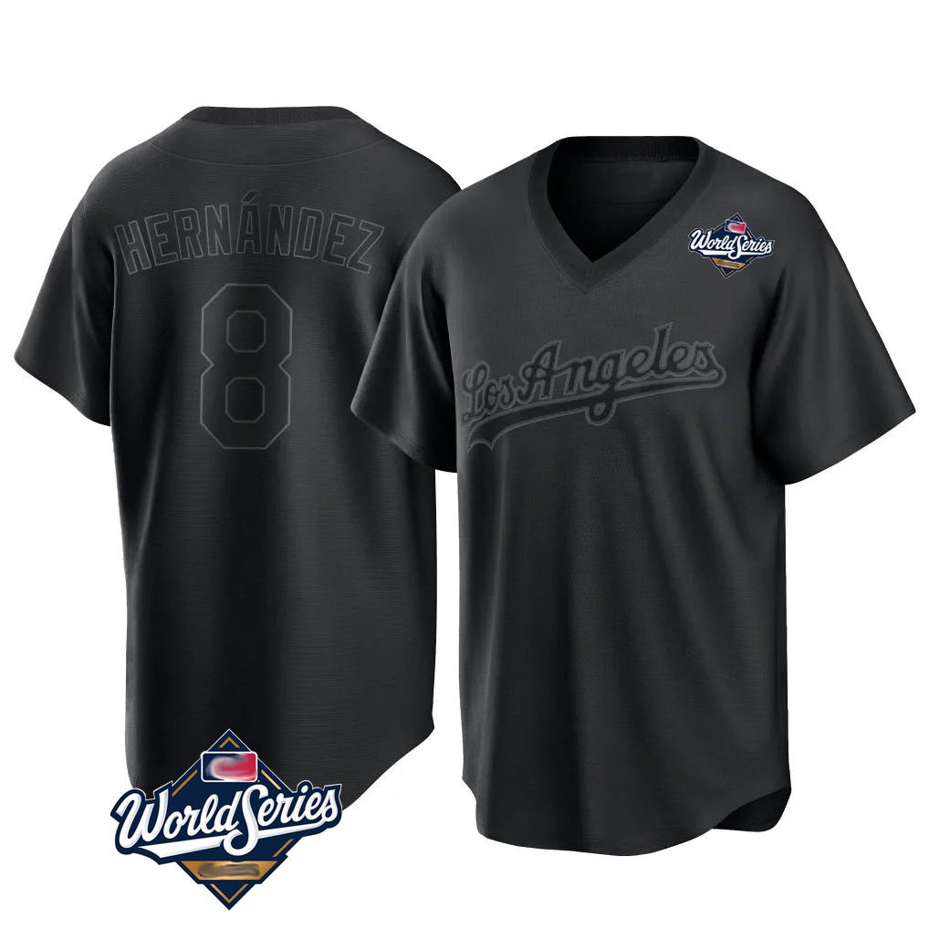 Los Angeles Dodgers #8 Enrique Hern¨¢ndez Player Black FEDASGOGE World Series Pitch Fashion T-shirt Stitched Jerseys