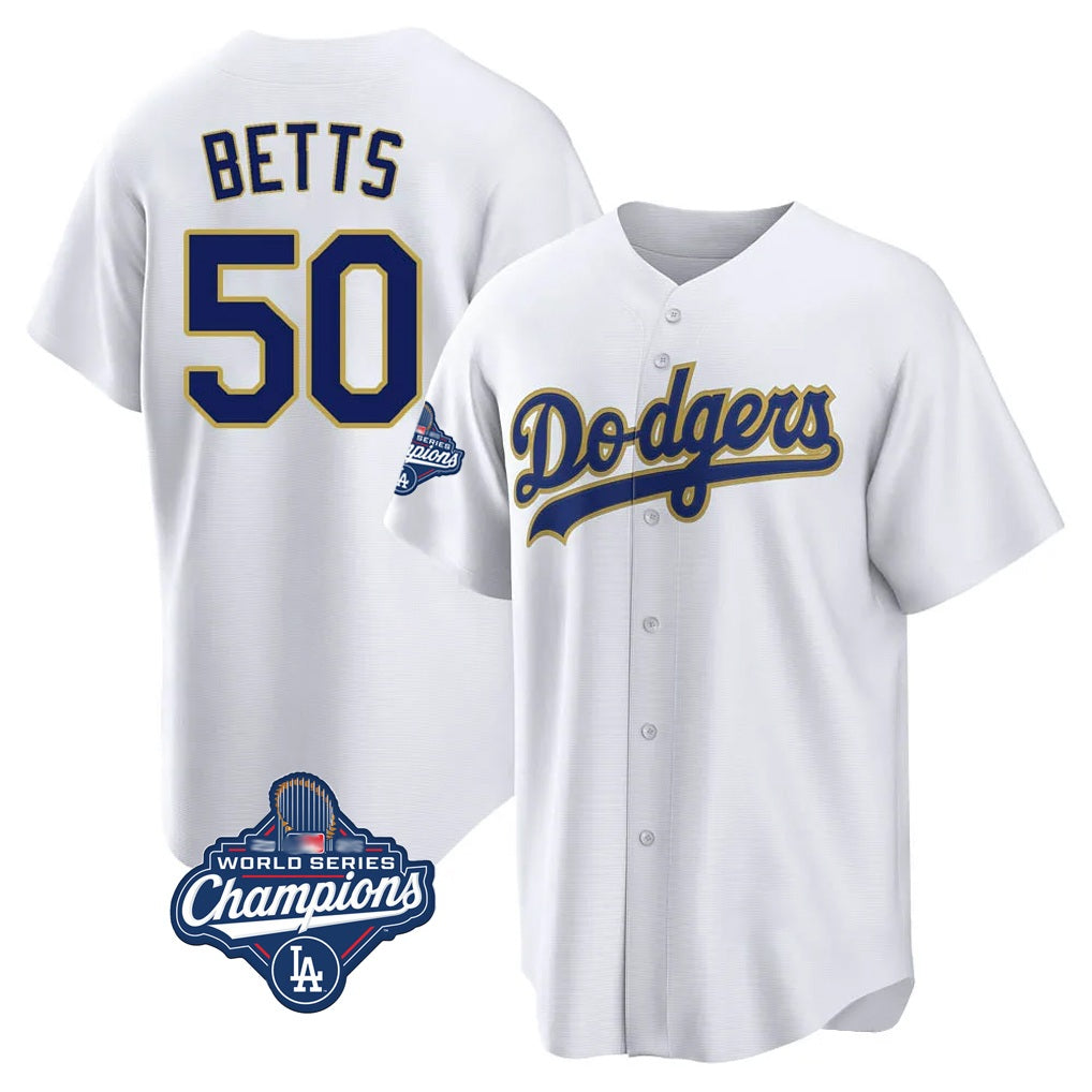 Los Angeles Dodgers #50 Mookie Betts Player Gold White FEDASGOGE World Series Meet 2026 Collection Stadium Game Stitched Jerseys