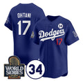 Los Angeles Dodgers #17 Shohei Ohtani Royal FEDASGOGE 2024 World Series With No. 34 Patch Cool Base Stitched Jersey