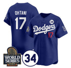 Los Angeles Dodgers #17 Shohei Ohtani Royal FEDASGOGE 2024 World Series With No. 34 Patch Cool Base Stitched Jersey