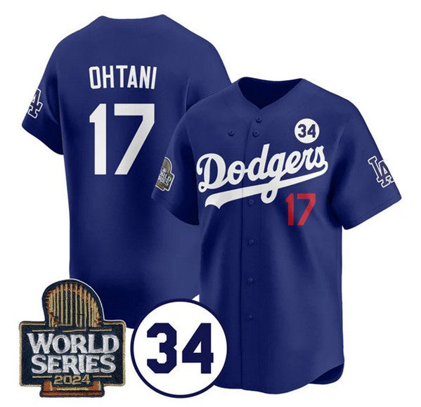 Los Angeles Dodgers #17 Shohei Ohtani Royal FEDASGOGE 2024 World Series With No. 34 Patch Cool Base Stitched Jersey