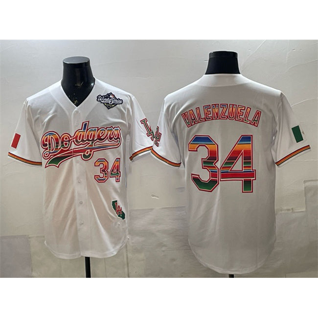 Los Angeles Dodgers #34 Fernando Valenzuela White FEDASGOGE Mexico California Patch 2025 World Series Patch Stitched Jersey