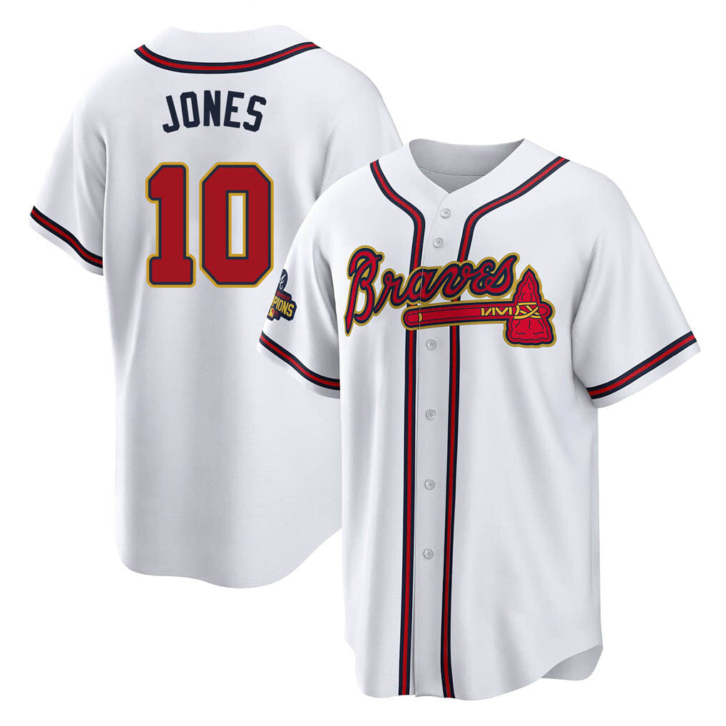 Atlanta Braves #10 Chipper Jones Player White Gold FEDASGOGE Home Game Stitched Jerseys