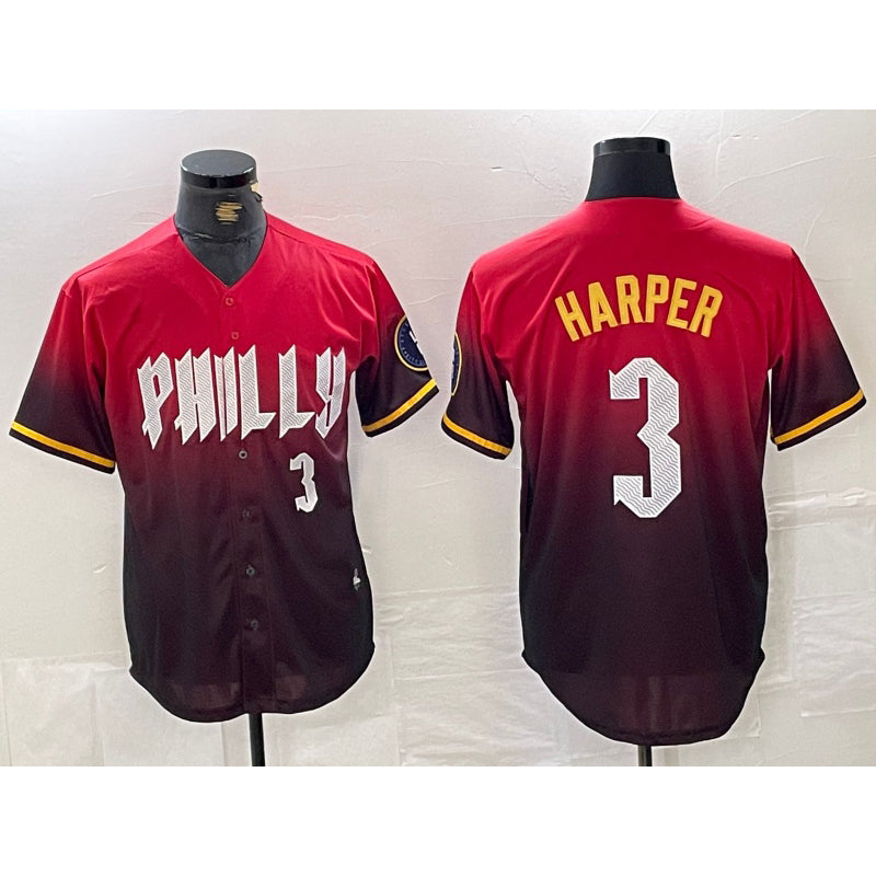 Philadelphia Phillies #3 Bryce Harper Red FEDASGOGE 2024 City Player Number Cool Base Jersey 2