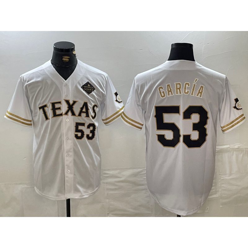 Texas Rangers #53 Adolis Garcia Number White FEDASGOGE Gold Cool Base Stitched Jersey