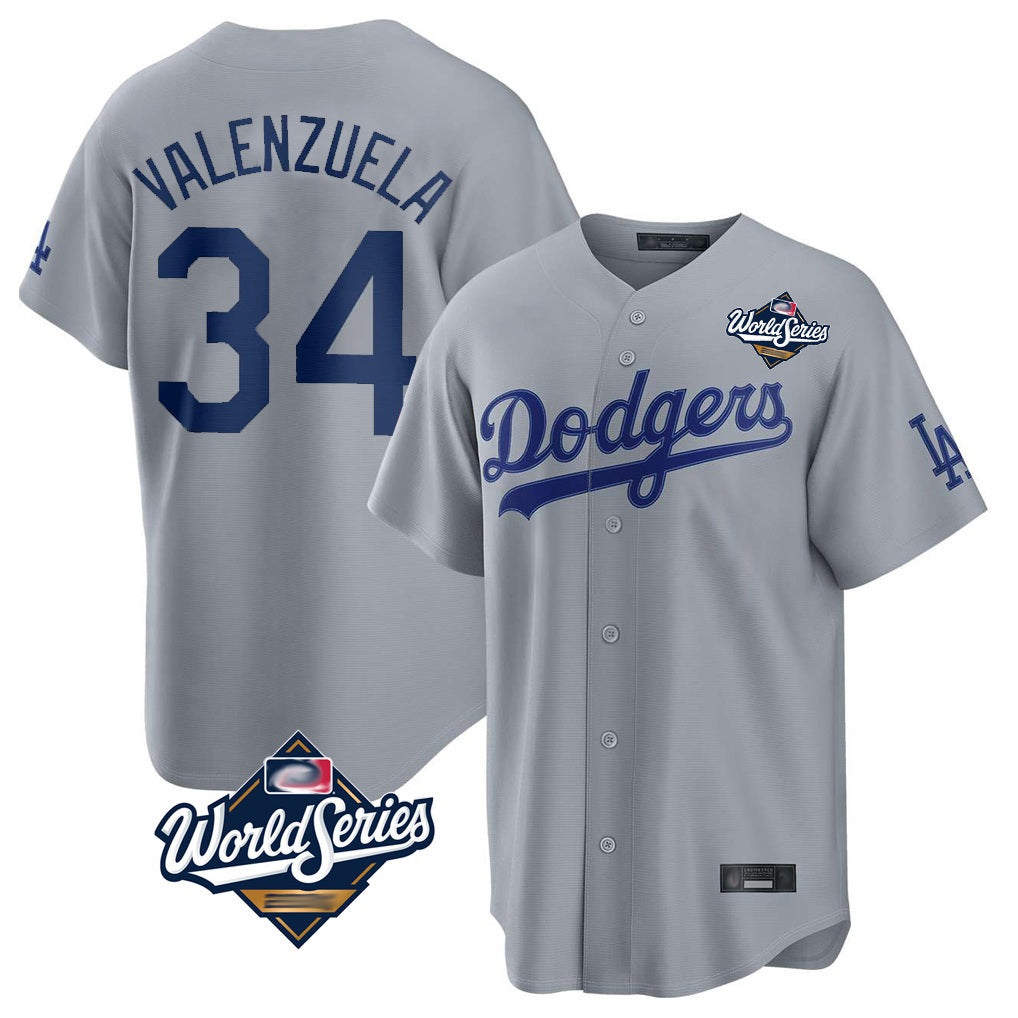 Los Angeles Dodgers #34 Fernando Valenzuela Player Gray FEDASGOGE World Series Game Stitched Jerseys