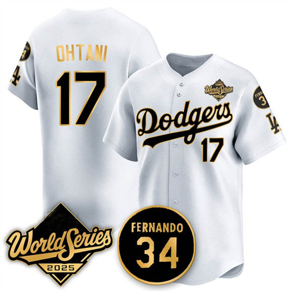 Los Angeles Dodgers #17 Shohei Ohtani White Gold FEDASGOGE 2025 World Series With No.34 Patch Limited Stitched Jersey