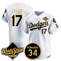 Los Angeles Dodgers #17 Shohei Ohtani White Gold FEDASGOGE 2025 World Series With No.34 Patch Limited Stitched Jersey