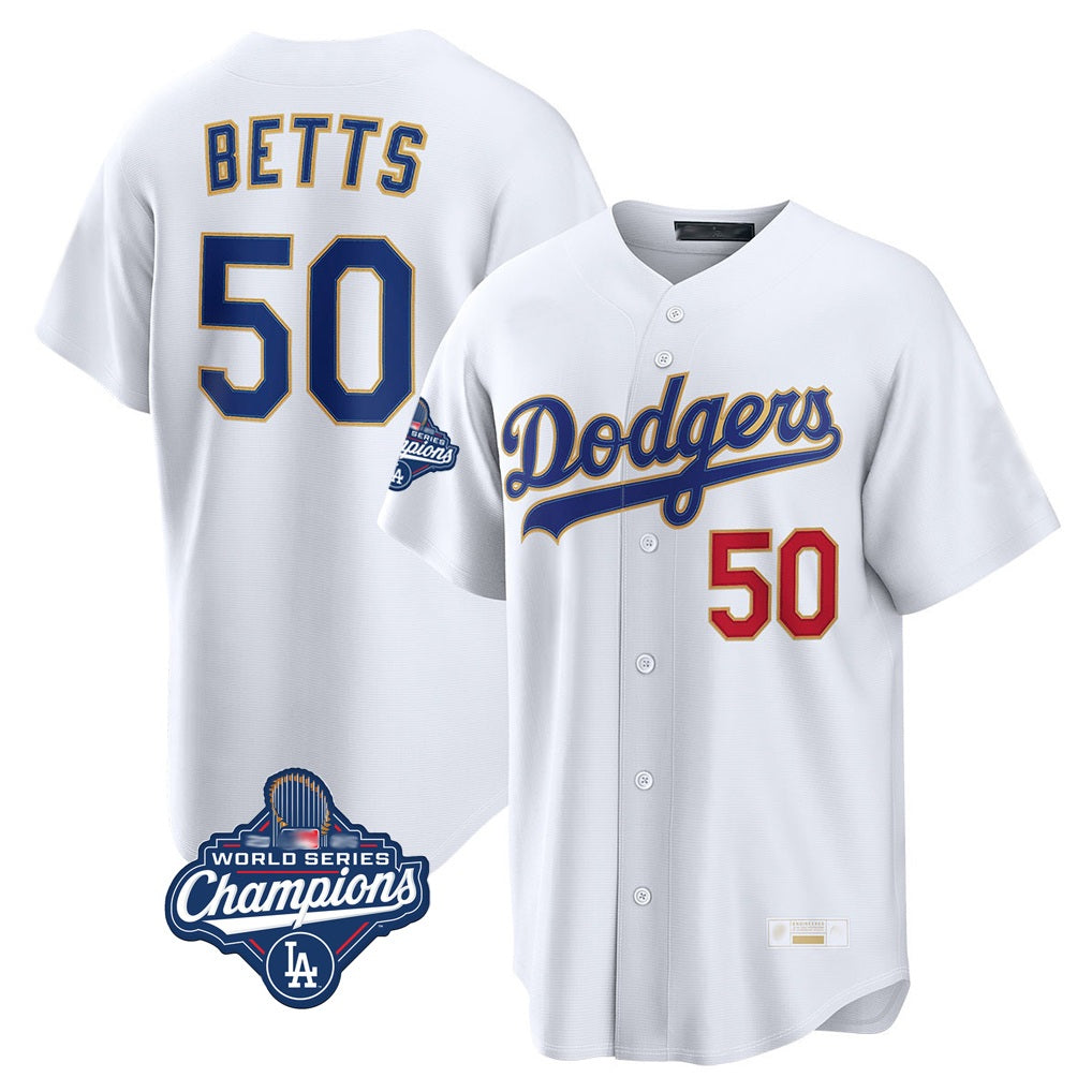 Los Angeles Dodgers #50 Mookie Betts Player Gold White FEDASGOGE World Series Meet Collection Limited Home Stitched Jerseys