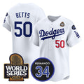 Los Angeles Dodgers #50 Mookie Betts White FEDASGOGE 2024 World Series With Fernando Memorial Patch Limited Stitched Jersey