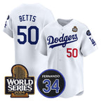 Los Angeles Dodgers #50 Mookie Betts White FEDASGOGE 2024 World Series With Fernando Memorial Patch Limited Stitched Jersey