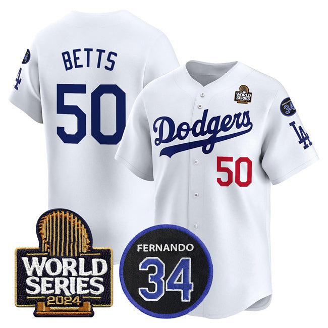 Los Angeles Dodgers #50 Mookie Betts White FEDASGOGE 2024 World Series With Fernando Memorial Patch Limited Stitched Jersey