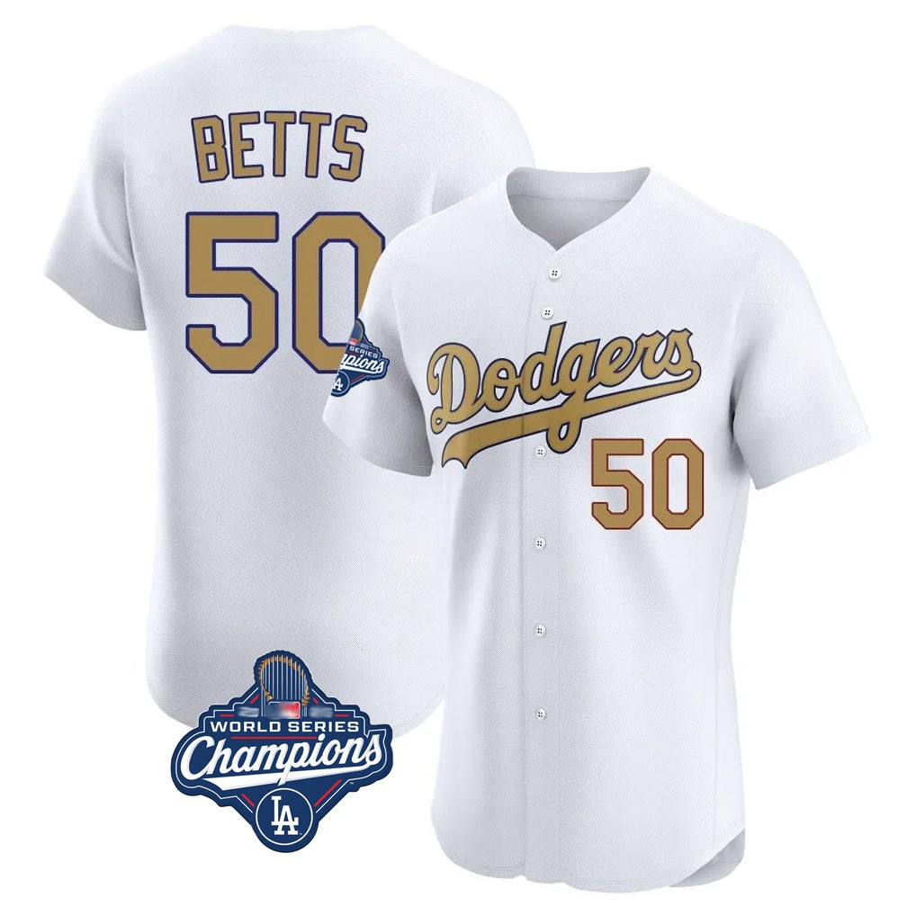 Los Angeles Dodgers #50 Mookie Betts Player White Gold FEDASGOGE World Series Meet Limited Elite Home Stitched Jerseys