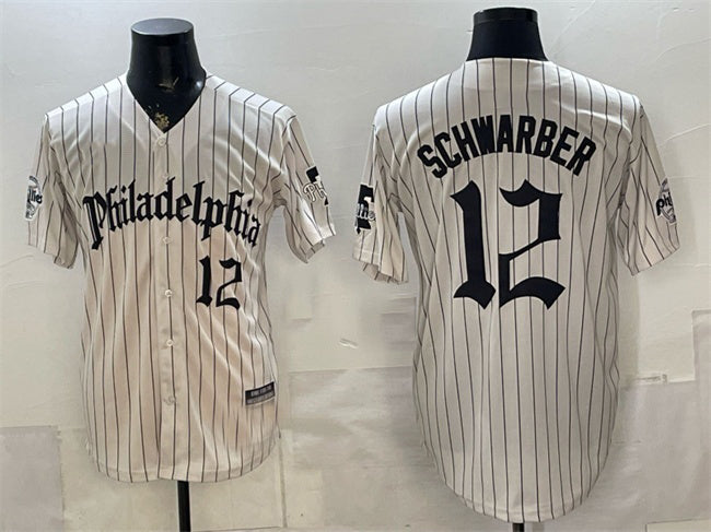 Philadelphia Phillies #12 Kyle Schwarber Cream FEDASGOGE Pinstripe Gothic Vapor Limited Stitched Jersey