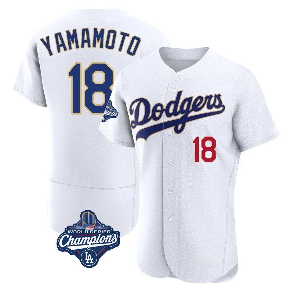 Los Angeles Dodgers #18 Yoshinobu Yamamoto Player Gold White FEDASGOGE World Series Meet 2026 Collection Stadium Limited Elite Stitched Jerseys