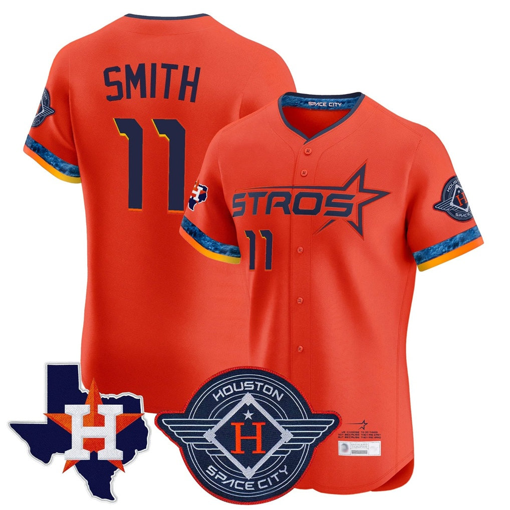 Houston Astros #11 Cam Smith Player Orange FEDASGOGE City Connect Texas Patch Vapor Premier Limited Elite Home Stitched Jerseys