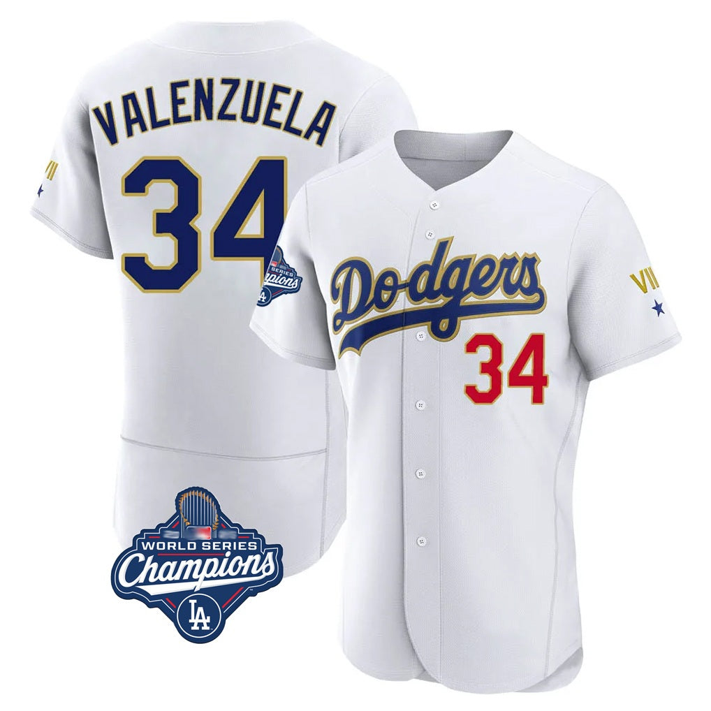 Los Angeles Dodgers #34 Fernando Valenzuela Player Gold White FEDASGOGE World Series Meet 2026 Collection Stadium Limited Elite Stitched Jerseys