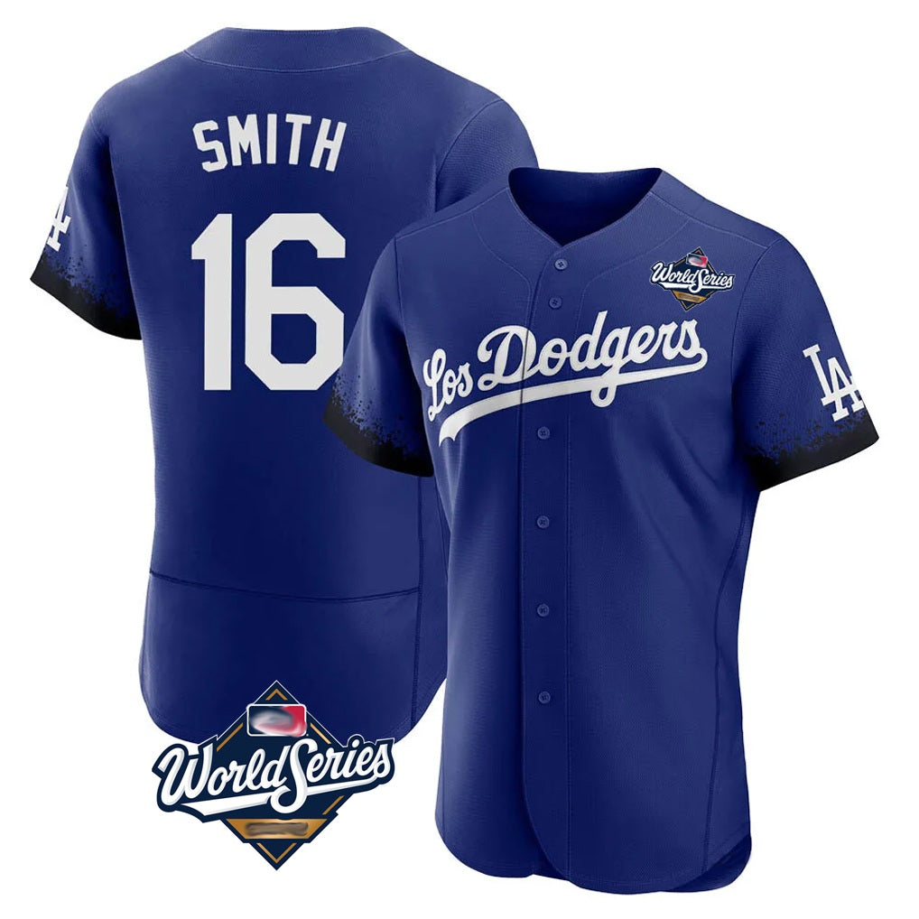 Los Angeles Dodgers #16 Will Smith Player Royal FEDASGOGE World Series City Connect Elite Home Stitched Jerseys
