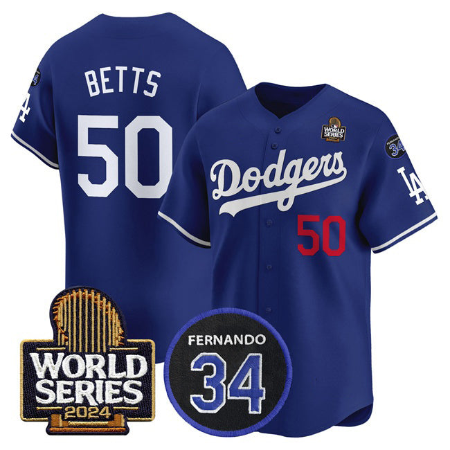 Los Angeles Dodgers #50 Mookie Betts Royal FEDASGOGE 2024 World Series With Fernando Memorial Patch Limited Stitched Jersey
