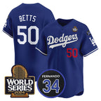 Los Angeles Dodgers #50 Mookie Betts Royal FEDASGOGE 2024 World Series With Fernando Memorial Patch Limited Stitched Jersey