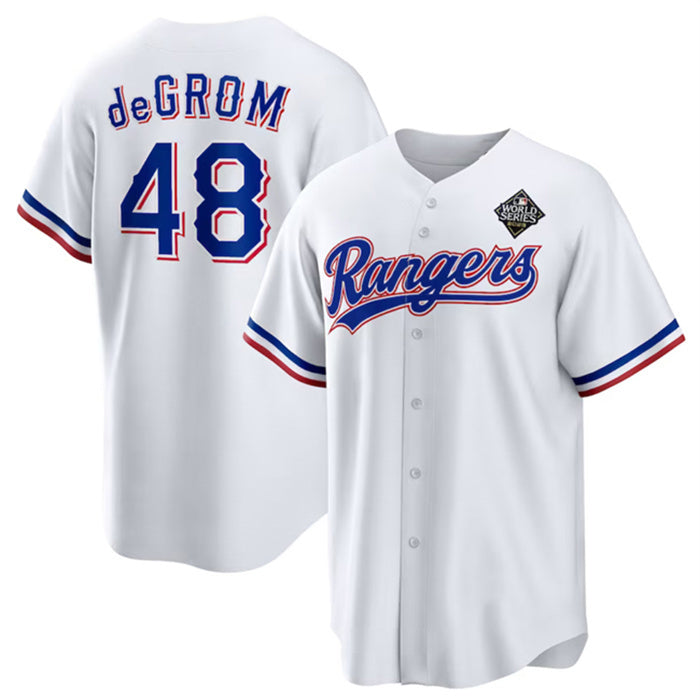 Texas Rangers #48 Jacob DeGrom White FEDASGOGE 2023 World Series Cool Base Stitched Jersey
