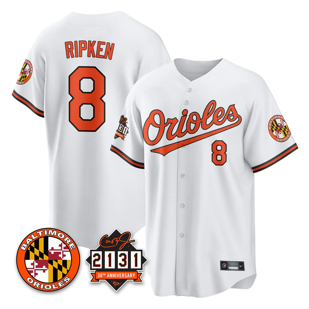 Baltimore Orioles #8 Cal Ripken Player White FEDASGOGE 30th Anniversary of 2131 Home Game Stitched Jerseys