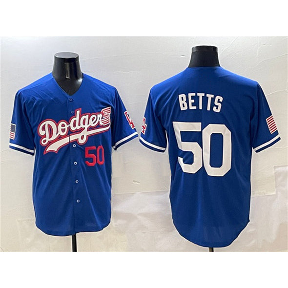 Los Angeles Dodgers #50 Mookie Betts Royal FEDASGOGE With American Flag Patch Limited Stitched Jersey