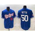 Los Angeles Dodgers #50 Mookie Betts Royal FEDASGOGE With American Flag Patch Limited Stitched Jersey