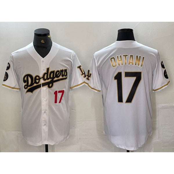 Los Angeles Dodgers #17 Shohei Ohtani Number White Gold FEDASGOGE Fashion Stitched Cool Base Limited Jerseys