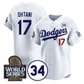 Los Angeles Dodgers #17 Shohei Ohtani White FEDASGOGE 2024 World Series With No. 34 Patch Limited Stitched Jersey