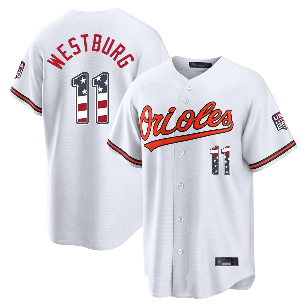 Baltimore Orioles #11 Jordan Westburg Player White FEDASGOGE USA 250 Fourth of July Home Game Stitched Jerseys