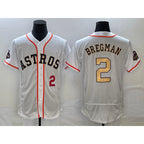 Houston Astros #2 Alex Bregman Number 2023 White Gold FEDASGOGE World Serise Champions Patch Flex Base Stitched Jersey 2