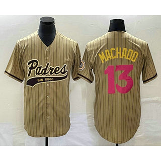 San Diego Padres #13 Manny Machado Tan FEDASGOGE Pinstripe 2023 City Connect Cool Base Stitched Jersey 2
