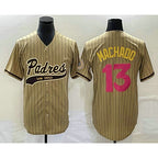 San Diego Padres #13 Manny Machado Tan FEDASGOGE Pinstripe 2023 City Connect Cool Base Stitched Jersey 2