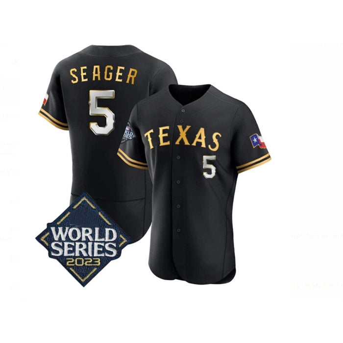 Texas Rangers #5 Corey Seager Black Gold FEDASGOGE 2023 World Series Flex Base Stitched Jersey