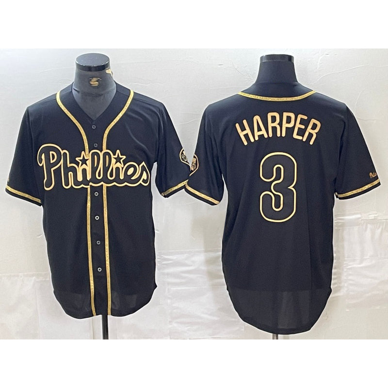 Philadelphia Phillies #3 Bryce Harper Black Gold FEDASGOGE Cool Base Stitched Jersey