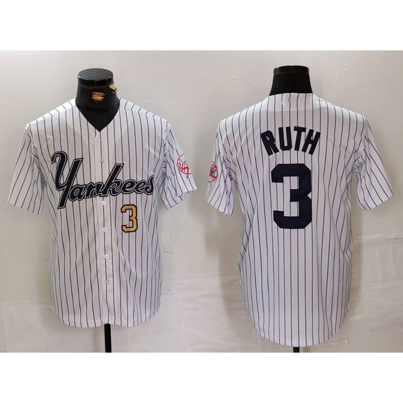 New York Yankees #3 Babe Ruth White FEDASGOGE Pinstripe Fashion Cool Base Jerseys 2