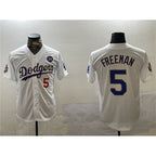 Los Angeles Dodgers #5 Freddie Freeman White Gold FEDASGOGE 2024 World Series With No. 34 Patch Home Limited Stitched Jersey